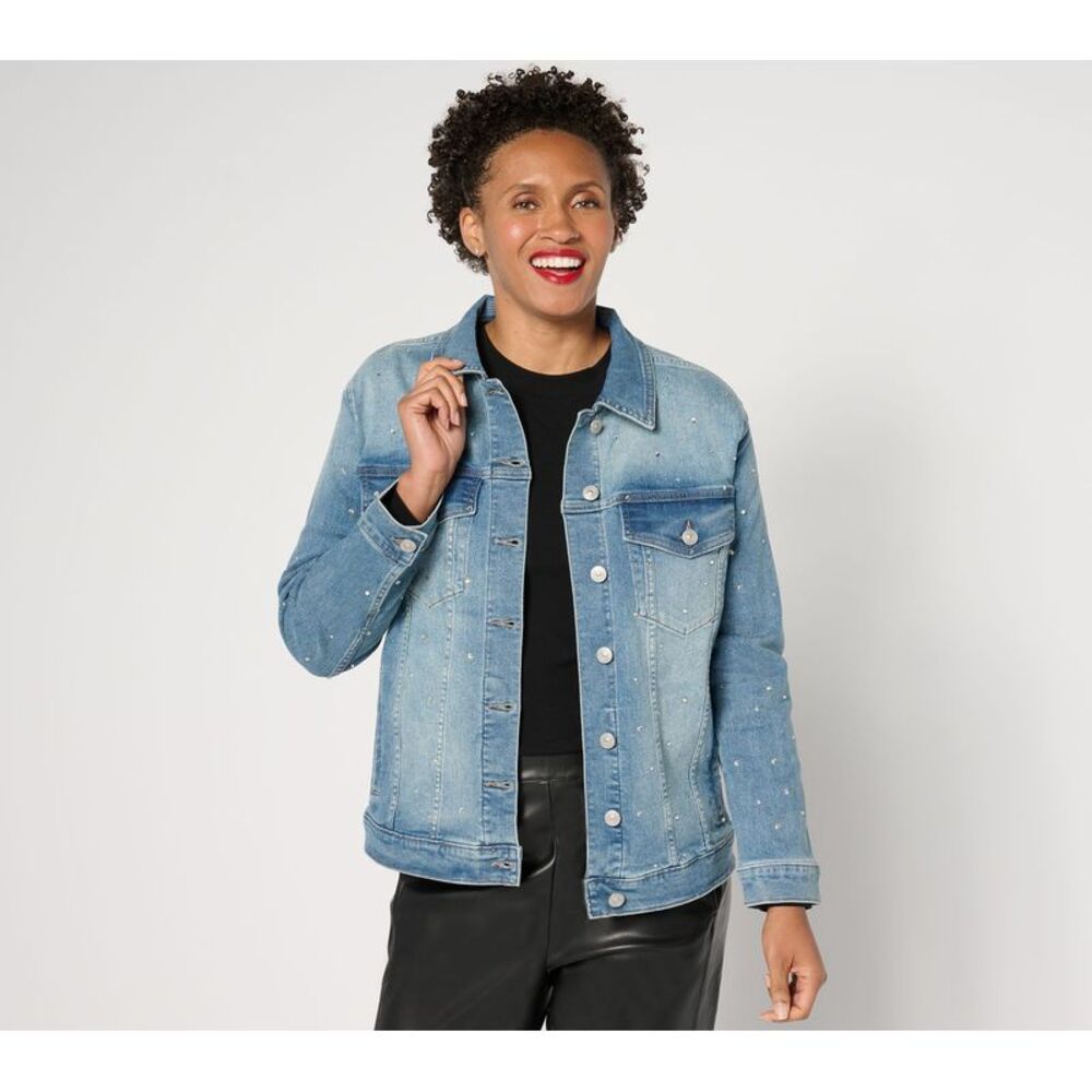 nicole by Nicole Miller Women's Jacket Sz XS Rhinest Boyfriend Denim Blue
